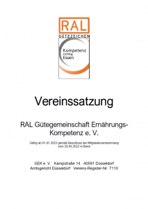 Titelblatt Vereinssatzung der RAL Gütegemeinschaft Ernährungs-Kompetenz E.V.